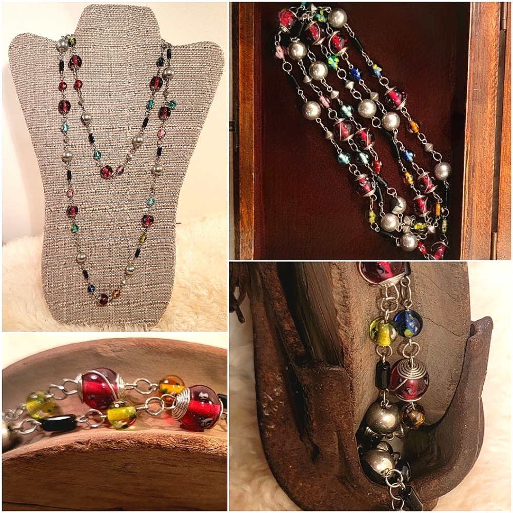 Multi-colored glass beaded and wire long necklace